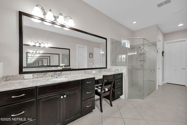 Bathroom, Dual Sink Vanities, Glass Shower, Interior, Recessed Lighting