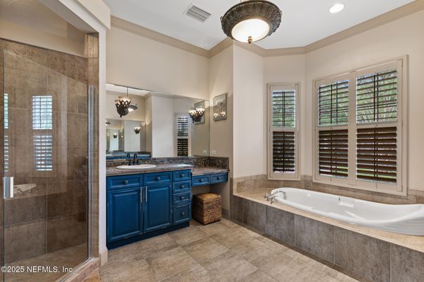 Bathroom, Dual Sink Vanities, Glass Shower, Interior, Recessed Lighting