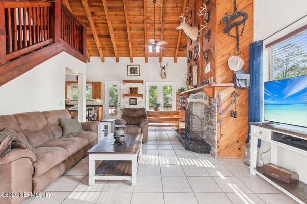 Fireplace, Interior, Living room, Pendant Lights, Wooden Beams, Wooden Ceilings, Wooden Walls