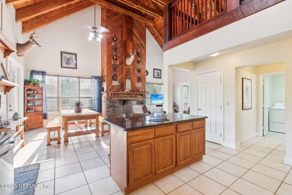 Dining room, Fireplace, Interior, Kitchen, Pendant Lights, Wooden Beams