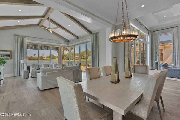 Dining room, Interior, Living room, Pendant Lights, Recessed Lighting, Wooden Beams, Wood Texture Flooring