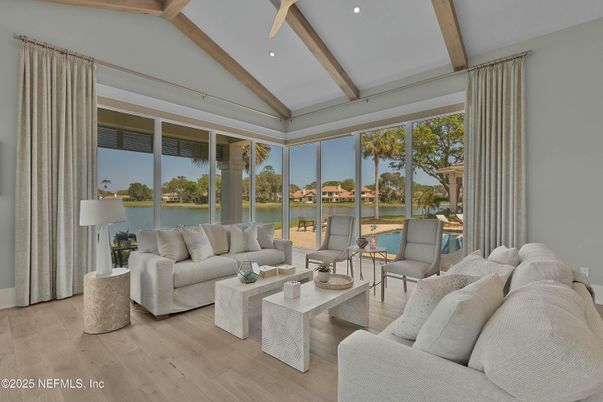 Interior, Living room, Recessed Lighting, Water, Wooden Beams, Wood Texture Flooring