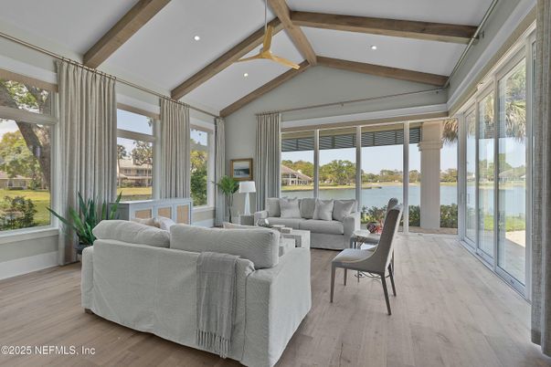 Interior, Living room, Recessed Lighting, Water, Wooden Beams, Wood Texture Flooring
