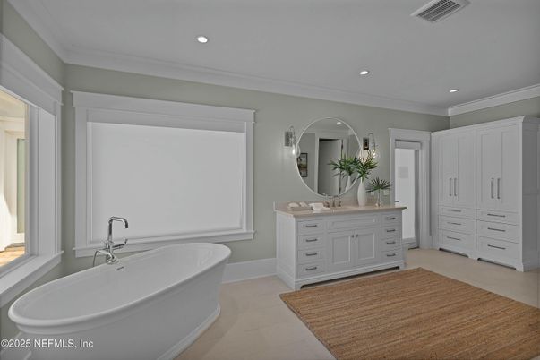 Bathroom, Dual Sink Vanities, Free Standing Baths, Interior, Recessed Lighting