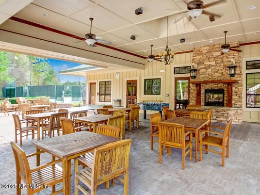Dining room, Fireplace, Interior, Recessed Lighting, Stone Walls