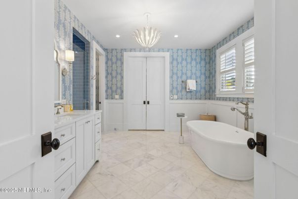 Bathroom, Dual Sink Vanities, Free Standing Baths, Interior, Marble, Recessed Lighting