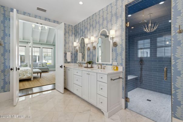 Bathroom, Dual Sink Vanities, Glass Shower, Interior, Marble, Recessed Lighting