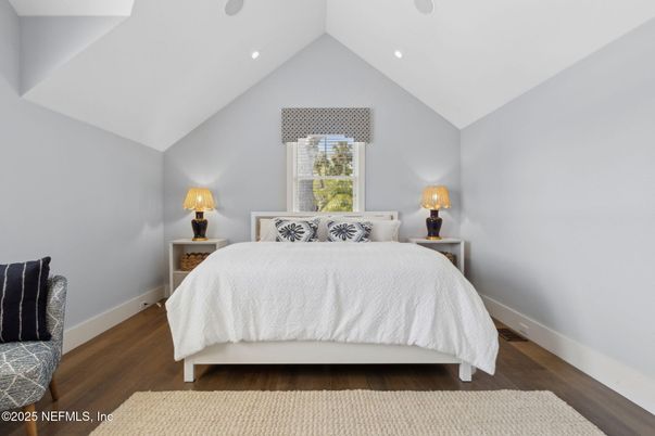 Bedroom, Interior, Recessed Lighting, Wood Texture Flooring