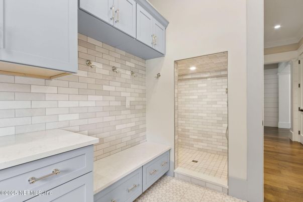 Bathroom, Glass Shower, Interior, Recessed Lighting, Wood Texture Flooring