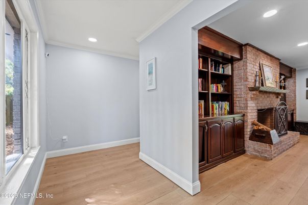 Fireplace, Interior, Recessed Lighting, Stone Walls, Wood Texture Flooring