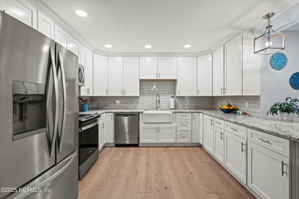 Interior, Kitchen, Pendant Lights, Recessed Lighting, Stainless Steel Appliances, Wood Texture Flooring