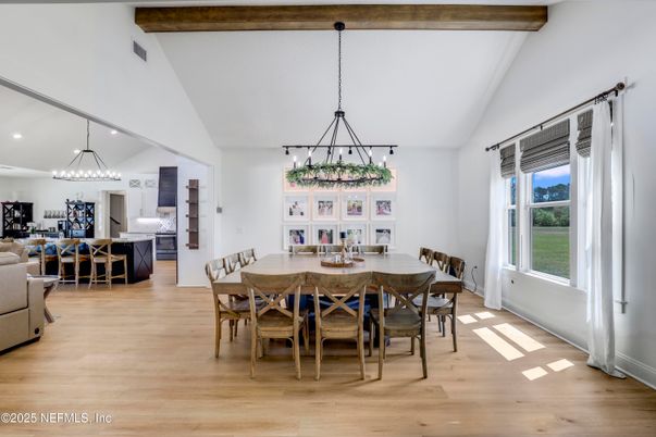 Chandelier, Dining room, Interior, Kitchen, Pendant Lights, Recessed Lighting, Wooden Beams, Wood Texture Flooring