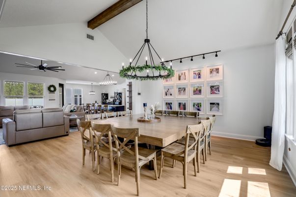 Chandelier, Dining room, Interior, Living room, Pendant Lights, Recessed Lighting, Wooden Beams, Wood Texture Flooring