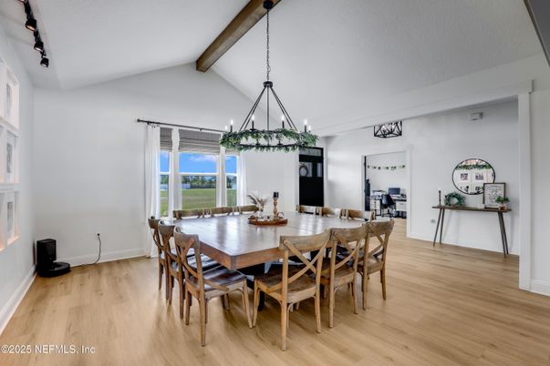Chandelier, Dining room, Fireplace, Interior, Pendant Lights, Wooden Beams, Wood Texture Flooring
