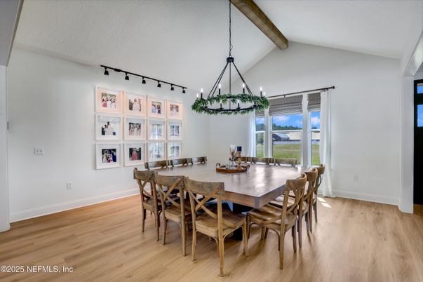 Chandelier, Dining room, Interior, Pendant Lights, Wooden Beams, Wood Texture Flooring