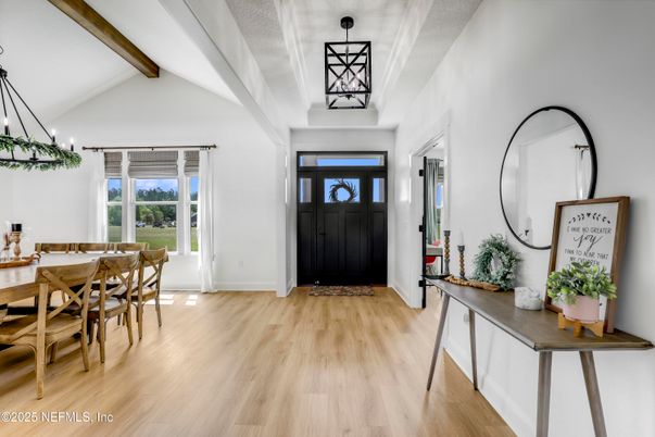 Dining room, Interior, Pendant Lights, Wooden Beams, Wood Texture Flooring