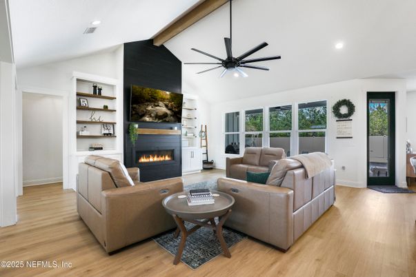 Fireplace, Interior, Living room, Recessed Lighting, Wooden Beams, Wood Texture Flooring