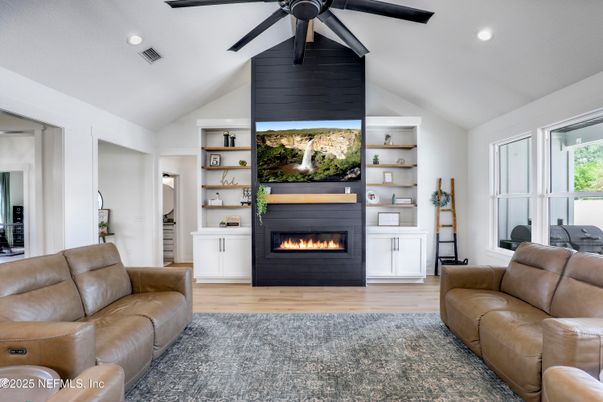 Fireplace, Interior, Living room, Recessed Lighting, Wood Texture Flooring