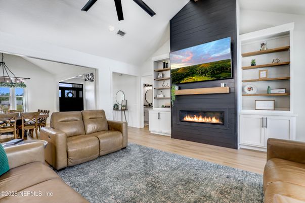 Dining room, Fireplace, Interior, Living room, Pendant Lights, Wood Texture Flooring