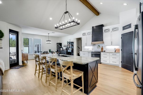Interior, Kitchen, Pendant Lights, Recessed Lighting, Stainless Steel Appliances, Wooden Beams, Wood Texture Flooring
