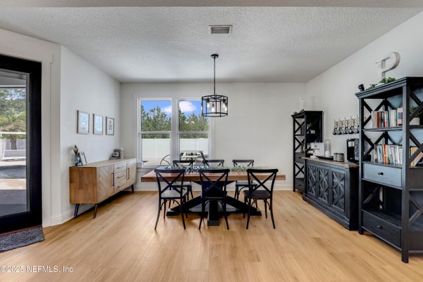 Dining room, Interior, Pendant Lights, Wood Texture Flooring