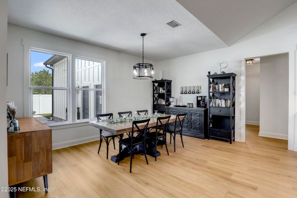 Dining room, Interior, Pendant Lights, Wood Texture Flooring