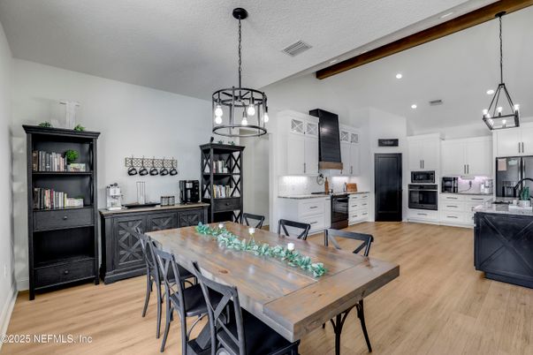 Dining room, Interior, Kitchen, Pendant Lights, Recessed Lighting, Wood Texture Flooring