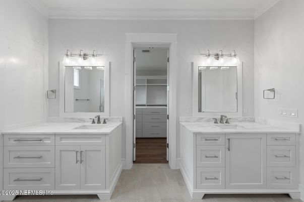 Bathroom, Dual Sink Vanities, Interior, Walk-in Closets, Wood Texture Flooring