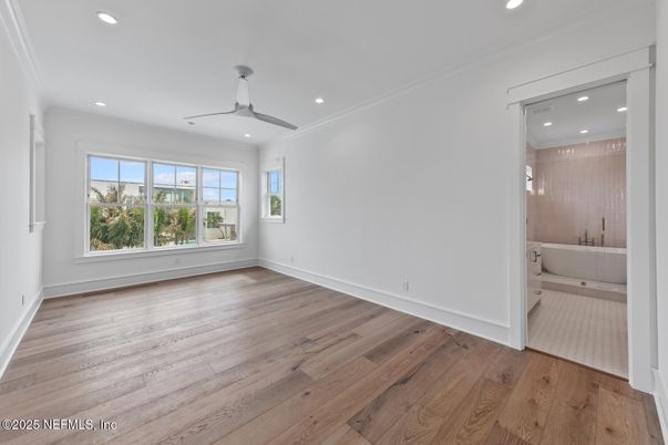 Bathroom, Empty room, Interior, Recessed Lighting, Wood Texture Flooring