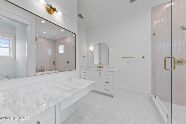Bathroom, Dual Sink Vanities, Glass Shower, Interior, Recessed Lighting