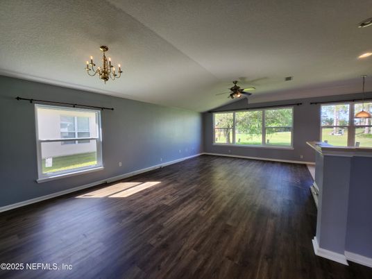 Chandelier, Empty room, Interior, Recessed Lighting, Wood Texture Flooring