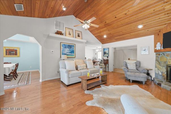 Fireplace, Interior, Living room, Recessed Lighting, Wooden Ceilings, Wood Texture Flooring