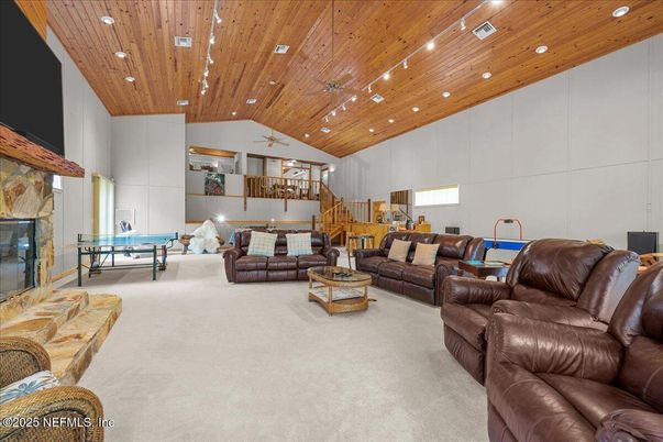 Billiard Table, Fireplace, Game Room, Interior, Living room, Recessed Lighting, Wooden Ceilings