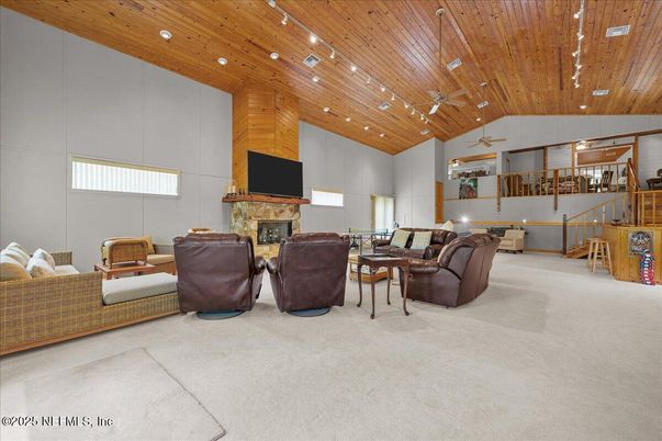 Fireplace, Interior, Living room, Recessed Lighting, Wooden Ceilings