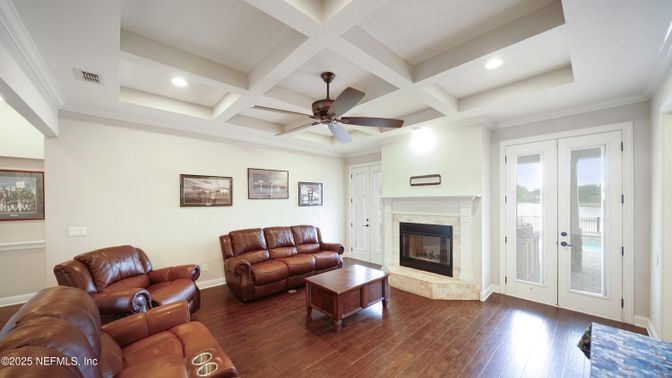 Fireplace, Interior, Living room, Recessed Lighting, Wood Texture Flooring