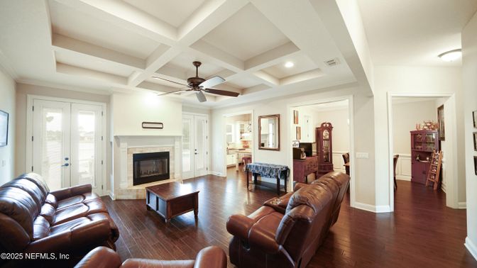 Fireplace, Interior, Living room, Recessed Lighting, Wood Texture Flooring