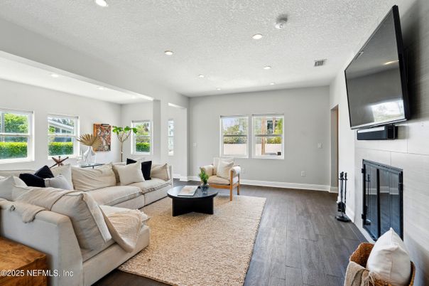Fireplace, Interior, Living room, Recessed Lighting, Wood Texture Flooring