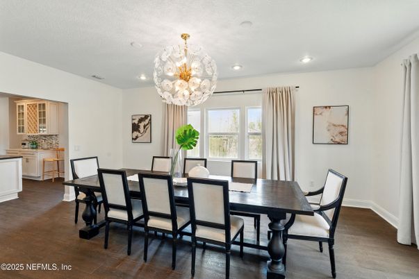 Chandelier, Dining room, Interior, Recessed Lighting, Wood Texture Flooring