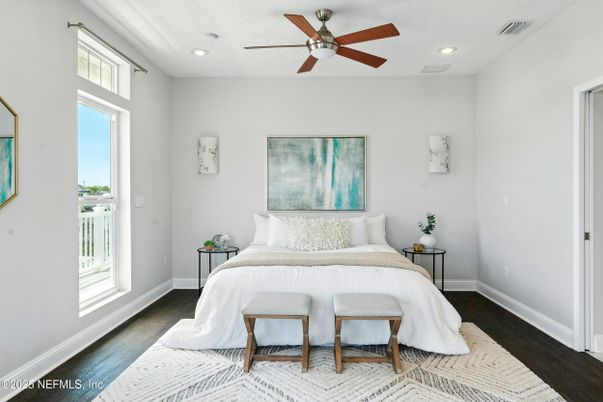 Bedroom, Interior, Recessed Lighting, Wood Texture Flooring