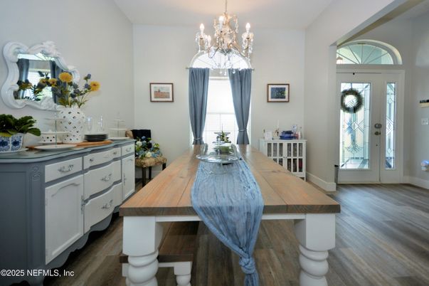 Chandelier, Dining room, Interior, Wood Texture Flooring