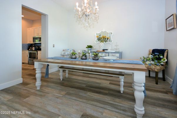 Chandelier, Dining room, Interior, Kitchen, Recessed Lighting, Wood Texture Flooring
