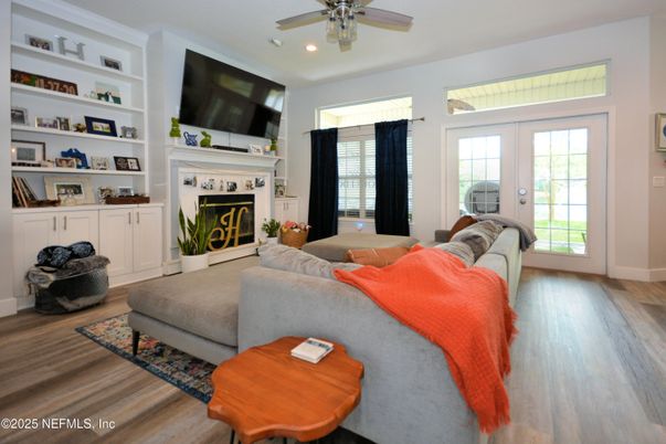 Fireplace, Interior, Living room, Recessed Lighting, Wood Texture Flooring