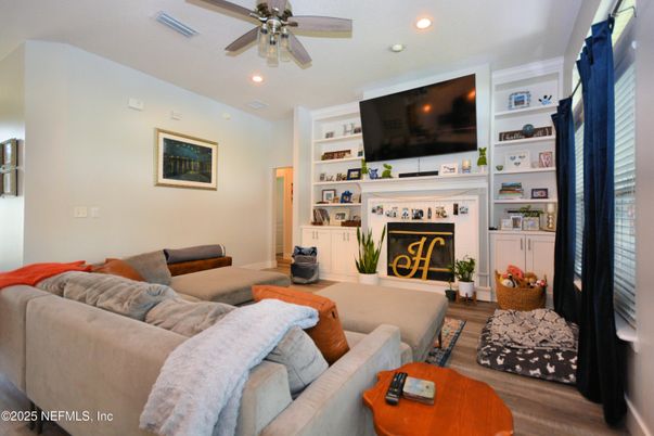 Fireplace, Interior, Living room, Recessed Lighting, Wood Texture Flooring