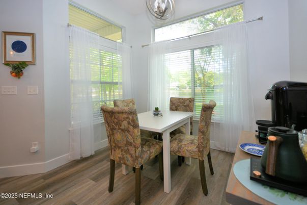 Dining room, Interior, Pendant Lights, Wood Texture Flooring