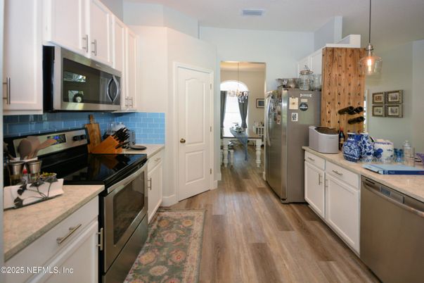Interior, Kitchen, Pendant Lights, Stainless Steel Appliances, Wood Texture Flooring