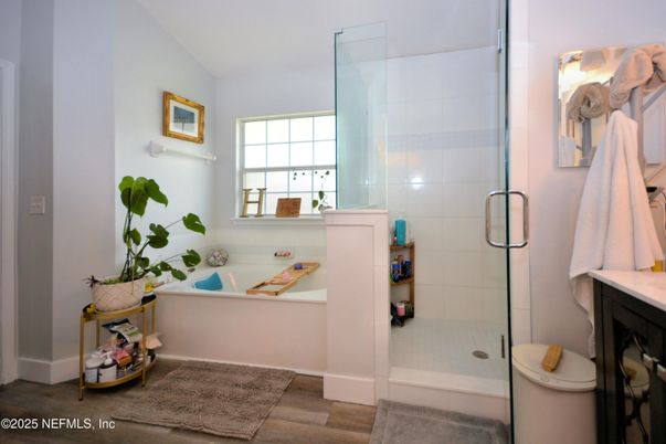 Bathroom, Glass Shower, Interior, Wood Texture Flooring