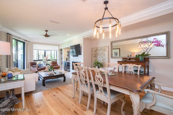 Dining room, Fireplace, Interior, Living room, Pendant Lights, Recessed Lighting, Wood Texture Flooring