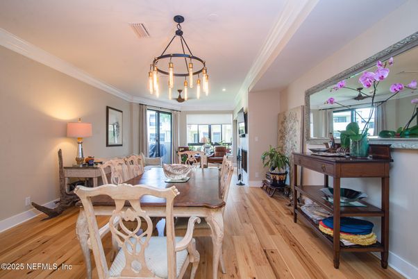 Dining room, Interior, Pendant Lights, Recessed Lighting, Wood Texture Flooring