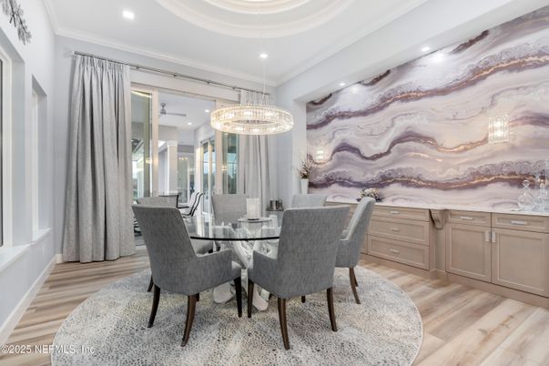 Dining room, Interior, Pendant Lights, Recessed Lighting, Wood Texture Flooring