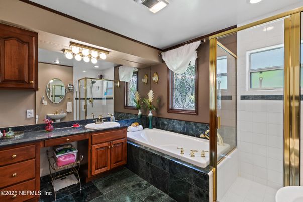 Bathroom, Dual Sink Vanities, Glass Shower, Interior, Recessed Lighting